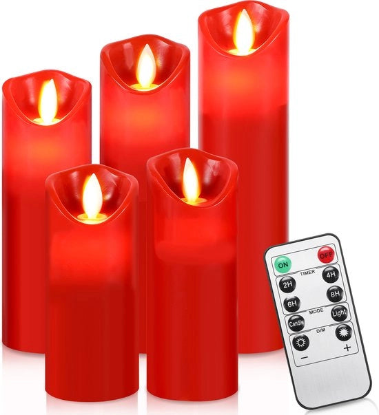 Set di 5 candele LED a led con telecomando Fiamma ondeggiante Sicuro e duraturo Lampioni LED realistici Non profumati Illuminazione di Natale rosso