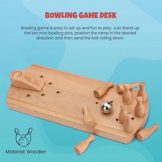 Kit di bowling a tavolo con piattaforma e inclinazione - Giocattolo di bowling divertente in legno per adulti e bambini
