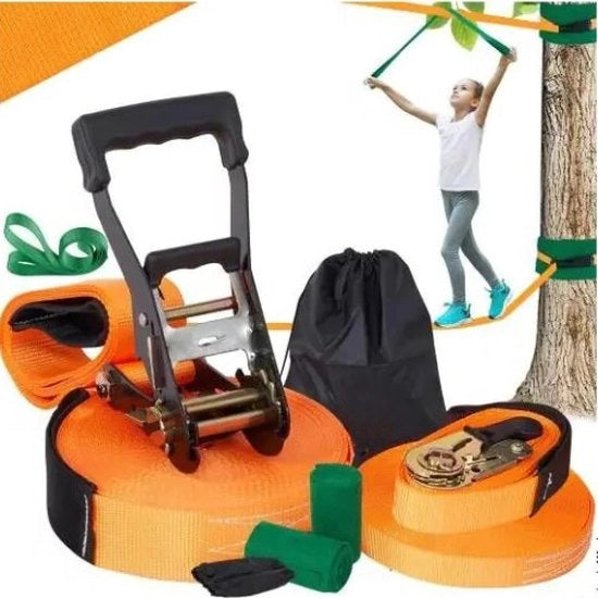 Kit di Slackline XL - Lunghezza 18,3m - Progettazione duratura e robusta - Incluso paracadute di sicurezza e borsa di trasporto - Slackline premium - Allenamento per le braccia - Outdoor - Sport - Giocattoli