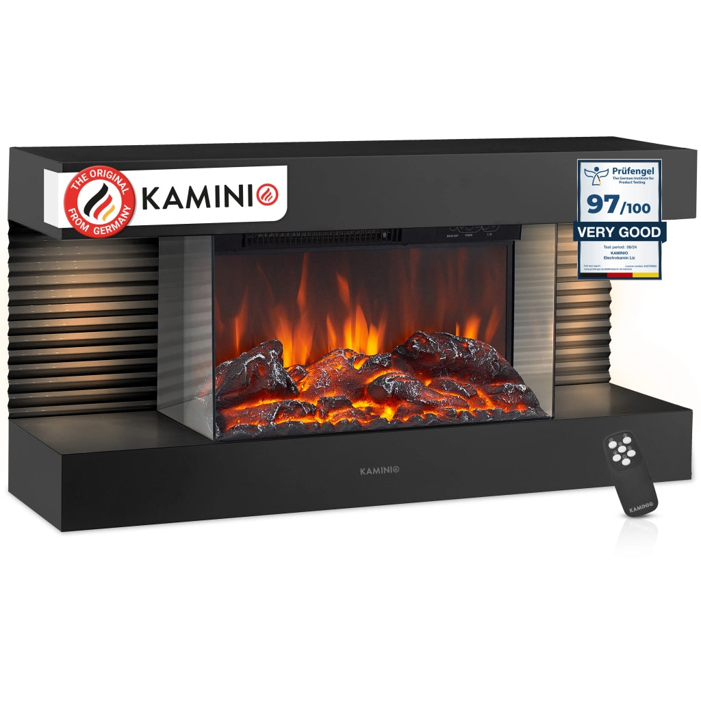 KAMINIO Camino elettrico LIZ - Camino elettrico da parete con riscaldamento, effetto fiamma 3D, luce ambiente a LED, telecomando - Nero