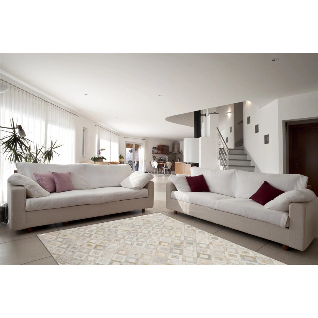 Tappeto in Pelle Dazzle Avorio e Oro con Pattern a Rombi
