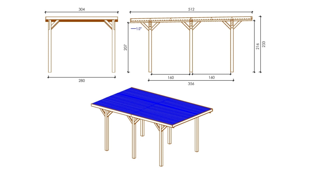 Tettoia posto auto coperto in legno 3.04x5.12 m - 15.56 m2 - copertura PVC   - CAR10PVCTR - ALTANKA