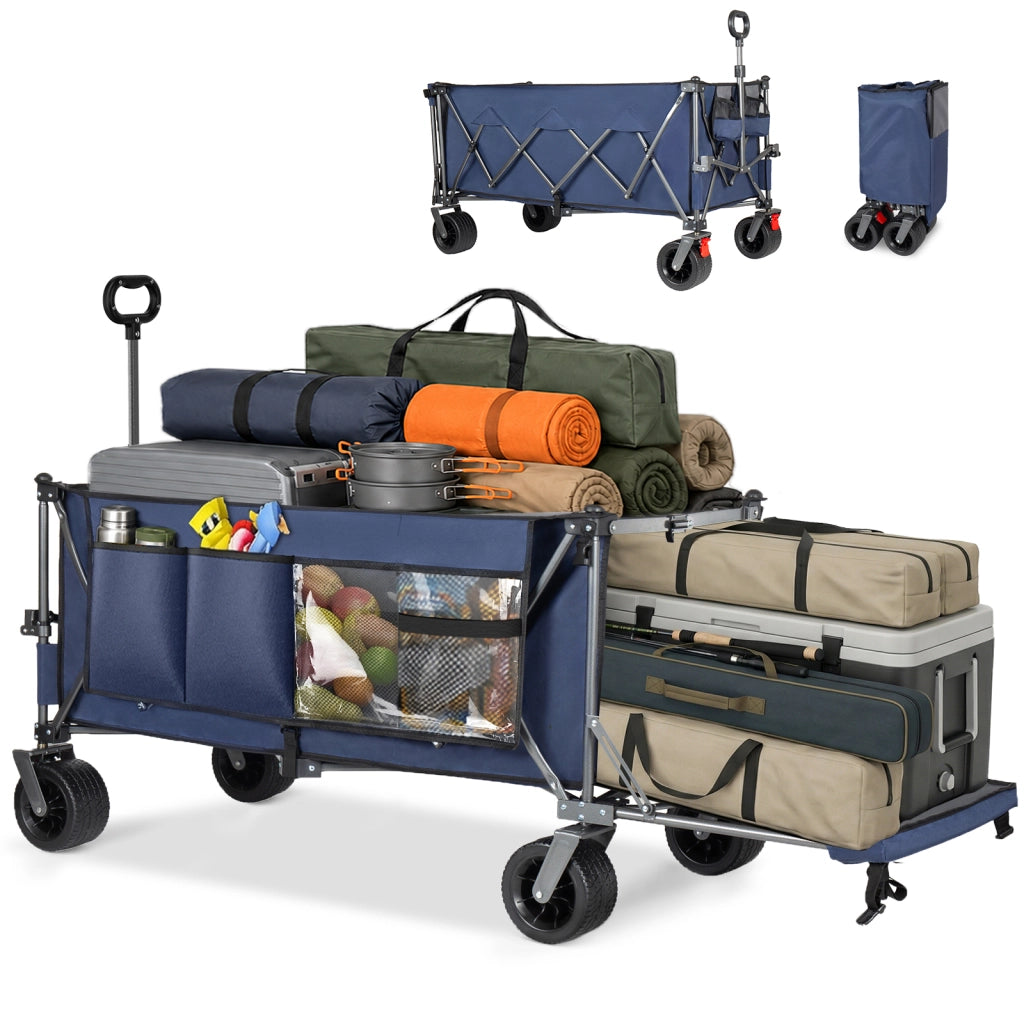 Carrello pieghevole con sponda estensibile in acciaio blu per giardino, spiaggia, camping e acquisti