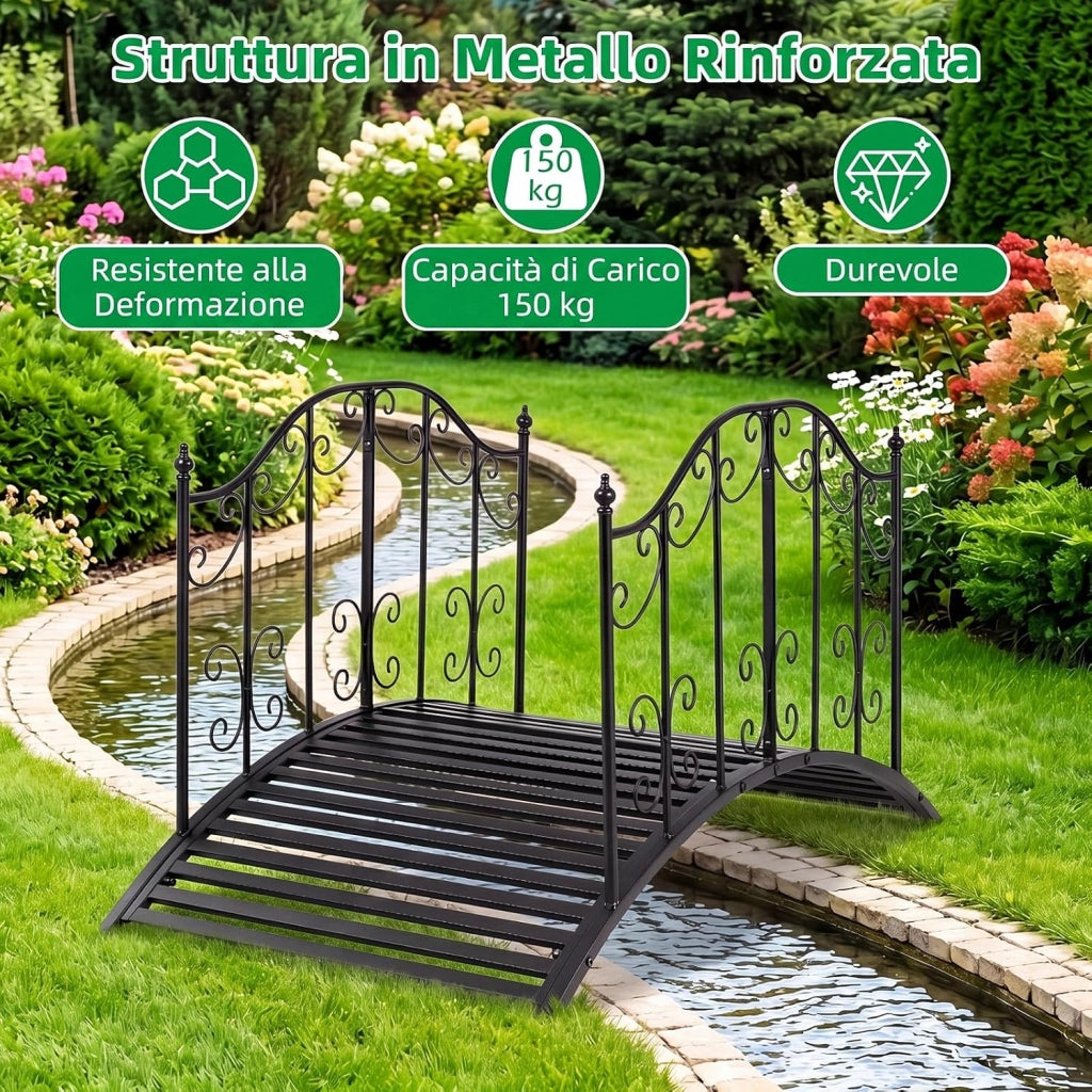 Ponte da Giardino in Metallo, Ponticello Resistente con Ringhiere di Sicureza e Decorazioni Floreali, Passerella ad Arco per Laghetto, Stagno e Cortile, Portata 150 kg, 118 x 67 x 70 cm