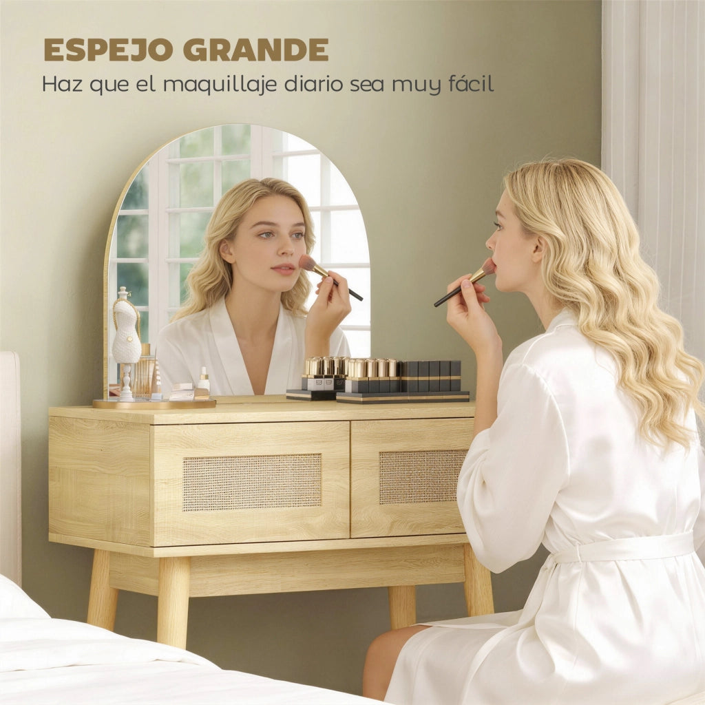 Tocador de Maquillaje con Espejo Arqueado 2 Cajones ¨C Minimal ¨C Natural
