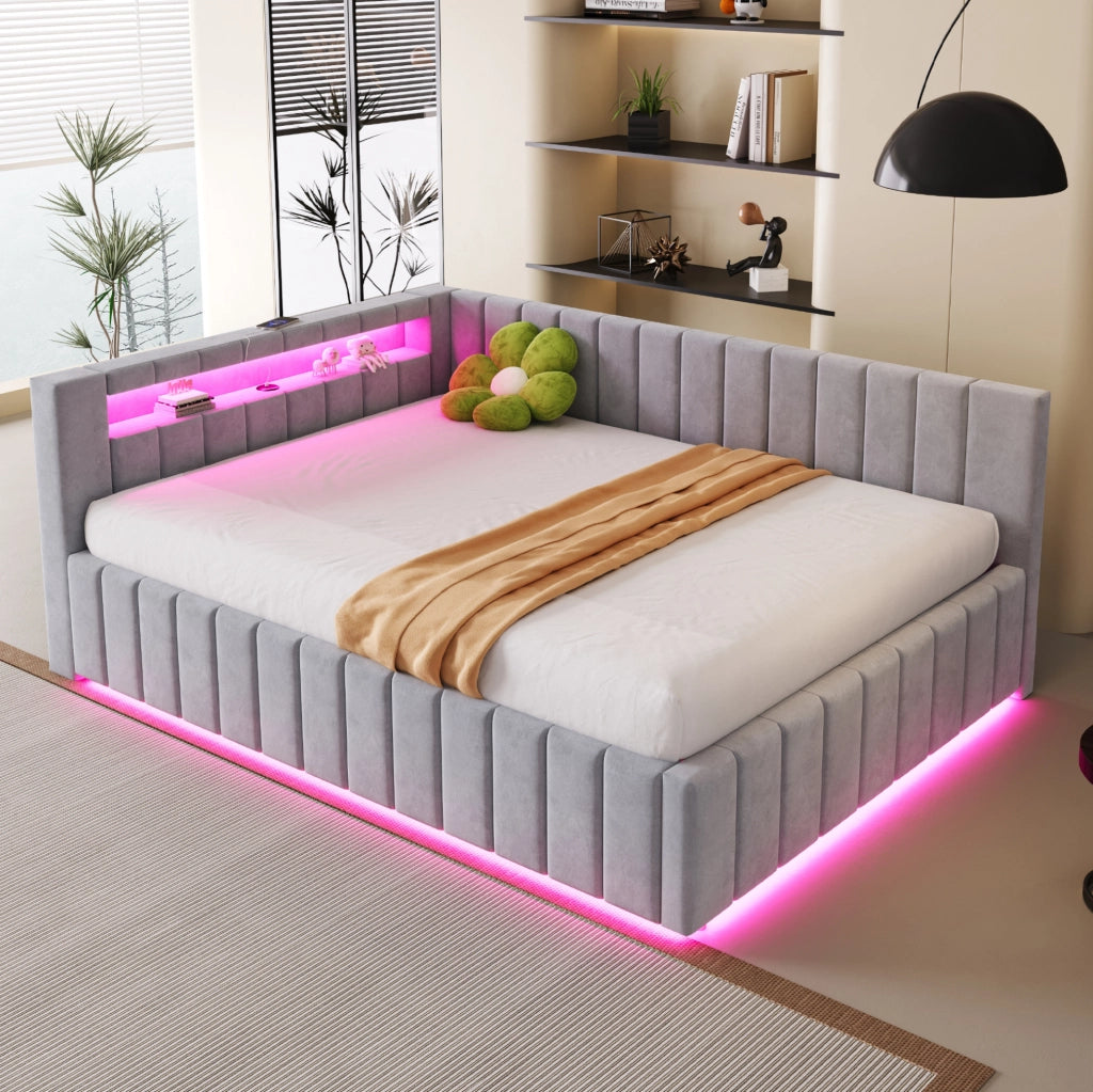 Letto imbottito 140x200 con contenitore idraulico, LED e USB grigio