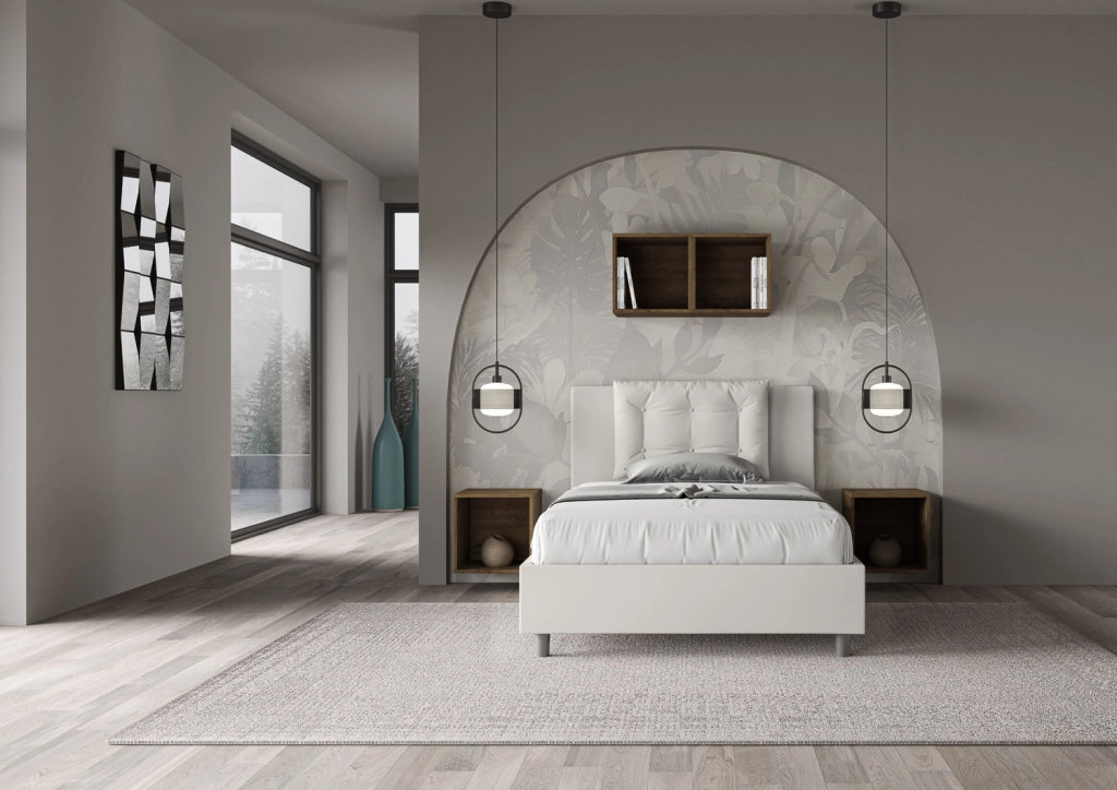 BS COM Letto una piazza e mezza con rete imbottito 120x190 similpelle bianco