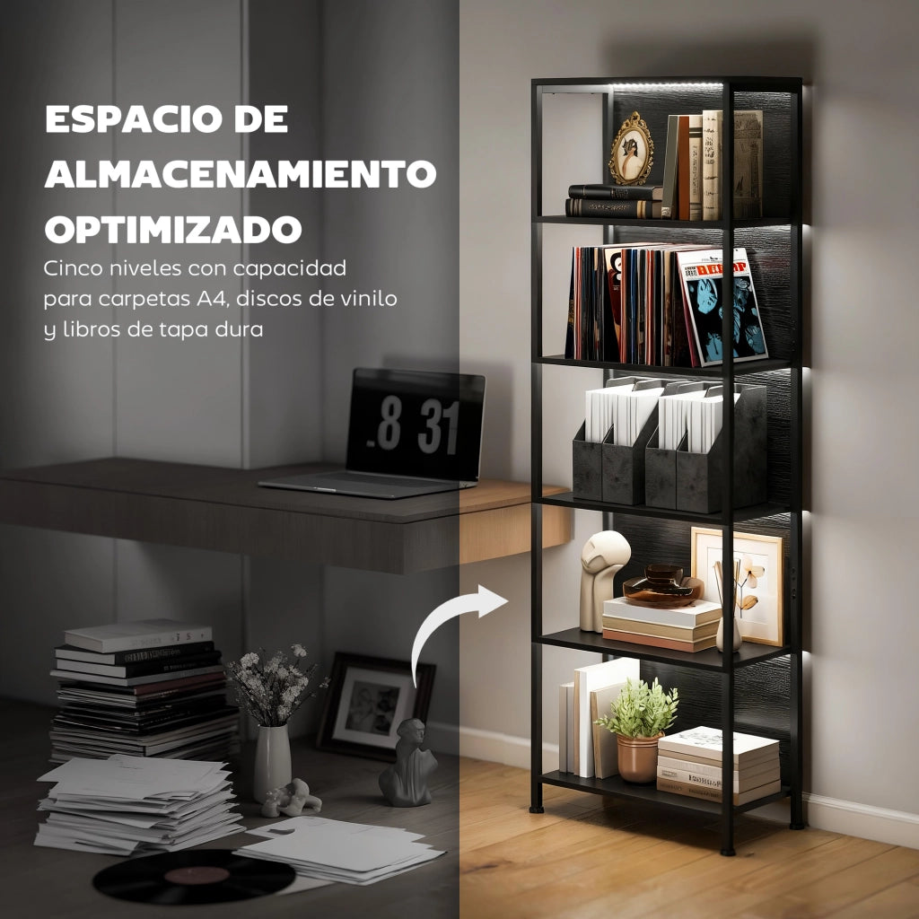 Libreria 5 Livelli con Luci LED ¨C Minimal ¨C Nero 60x30x179 cm