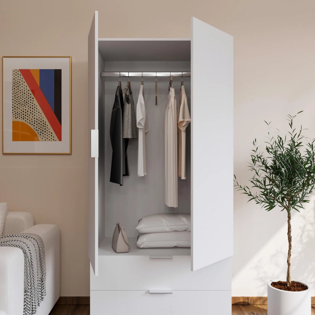 Armadio Per Camera Da Letto Con Appendiabiti 2 Ante Con Maniglie In Metallo E 2 Cassetti Multiuso Ideale Per Arredare La Tua Stanza 180 X 81 X 52 Cm Colore Bianco