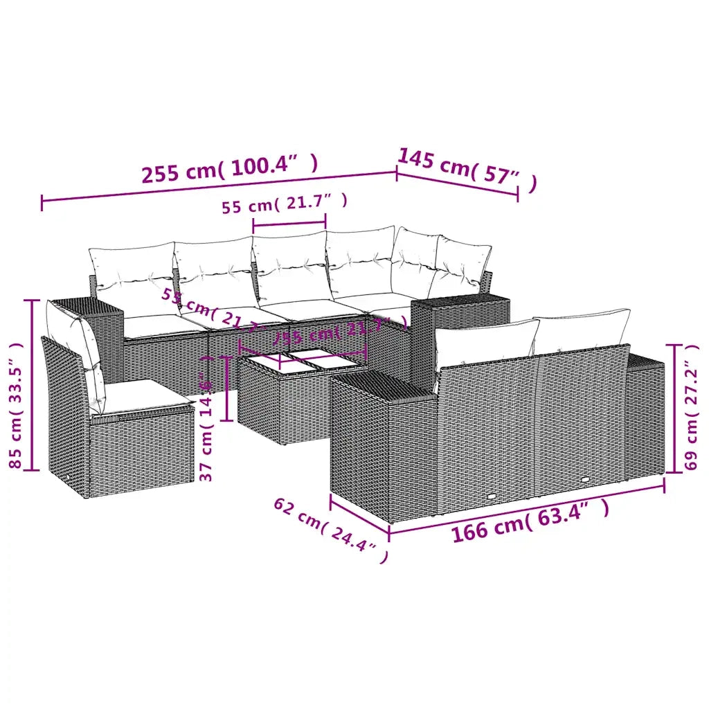 Set Divani da Giardino 9 pz con Cuscini Nero in Polyrattan 3222846