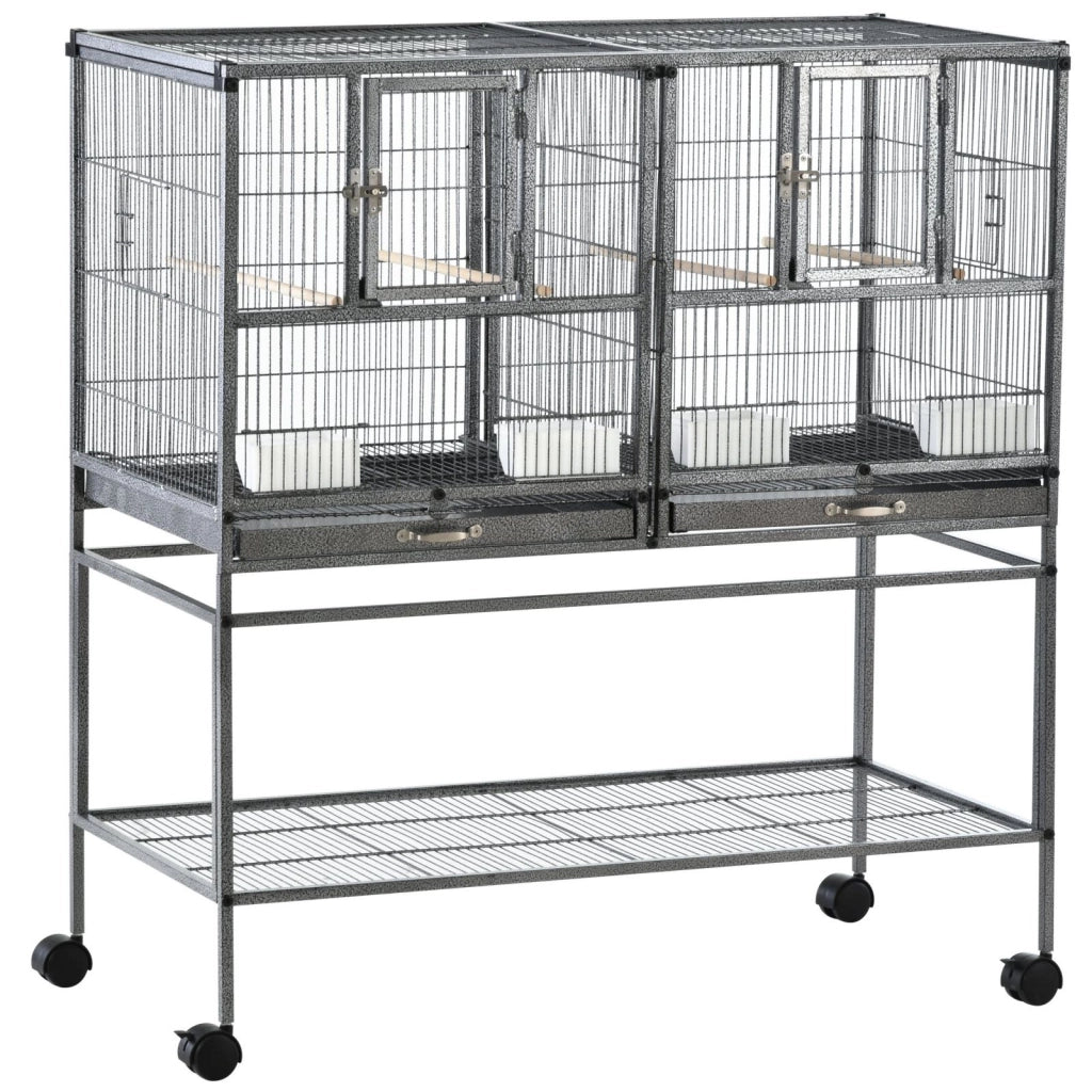 EasyComfort Doppia Gabbia per Uccelli in Metallo di Alta Qualità con Vassoi Estraibili, Supporto Stabile con 4 Ruote e Ripiano, 95x45.5x102cm, Nero Grigio