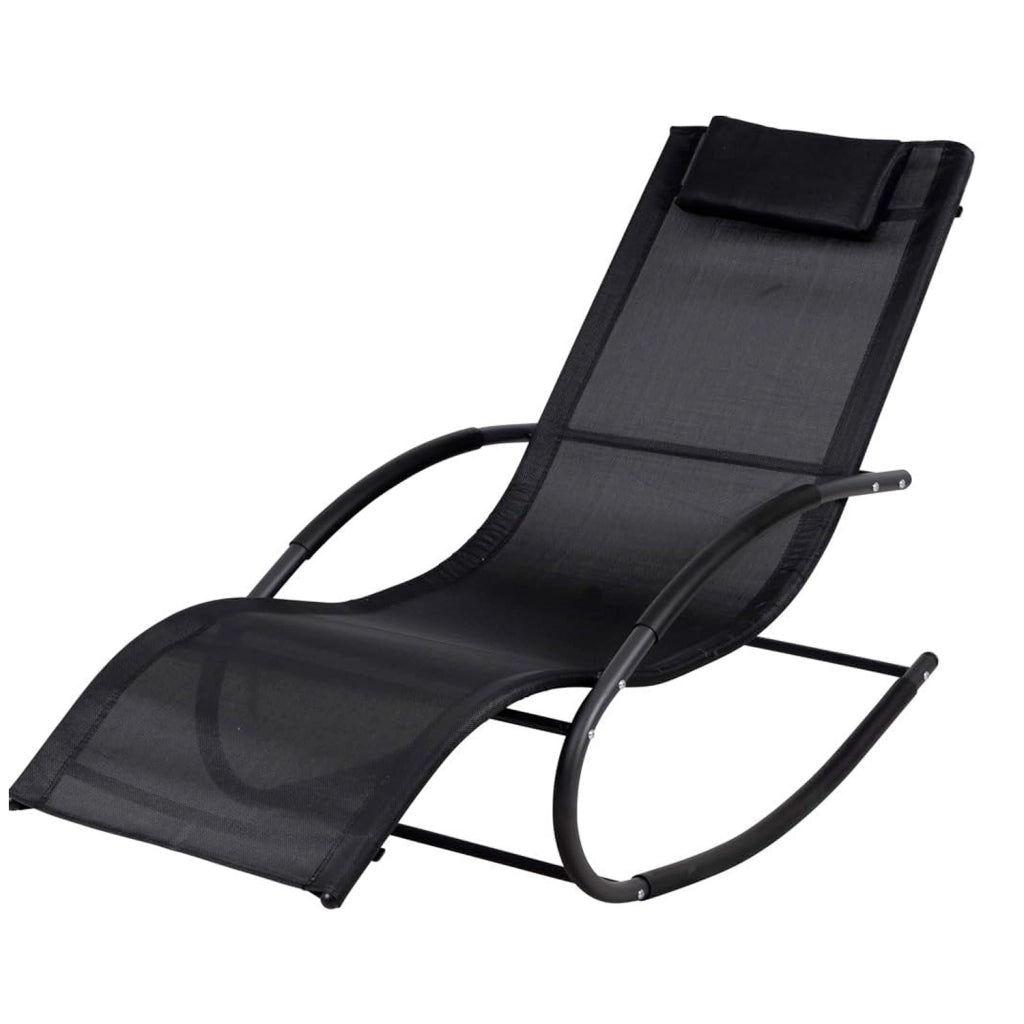 Sedia Basculante Da Giardino Ergonomica Con Poggiatesta Imbottito Poltrona Relax A Dondolo Per Terrazzo Patio Piscina 160x65x90 Cm Nero