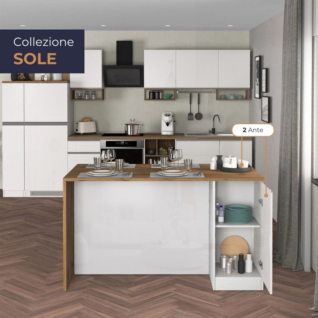 WHOUS Isola da cucina Sole a 2 ante bianco lucido e rovere 160x90x90 cm