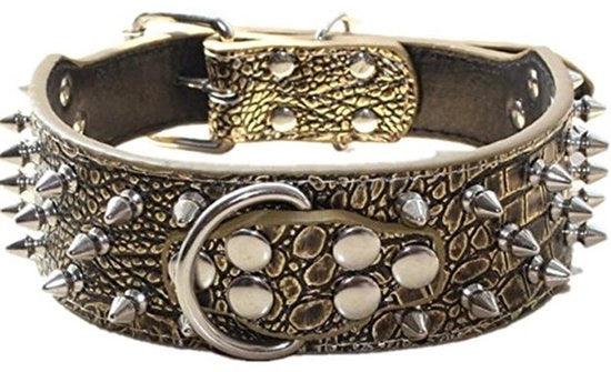 Collier per Cane in Pelle con Spine - Stilese Collari per Cane - 2 Pollici di Larghezza - Marrone Oro - Spine Studitate - Adatto per Cani di Taglia Media e Grande