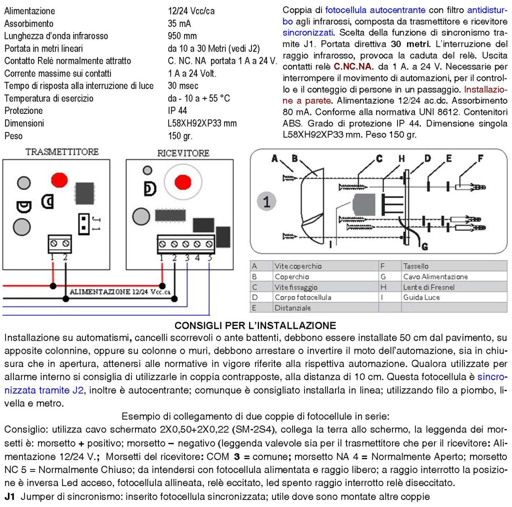 Coppia Fotocellula Portata 30 Metri Lineari Protezione Passaggio per Cancello Elettrico Automatico Allmatic Montaggio a Parete o Palina Alimentazione 12/24 Vac