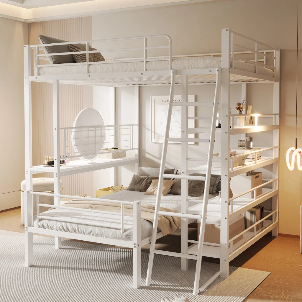 Letto a castello 140 × 200 cm 2 posti con ripiani, separabile, senza materasso, in metallo, bianco