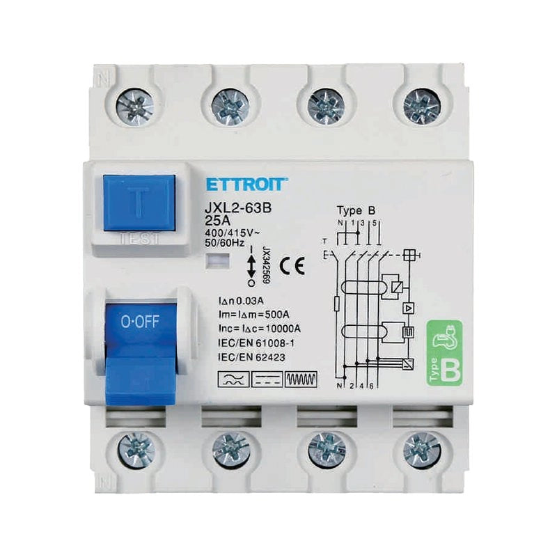 RCCB Interruttore Differenziale Puro Tipo B 3P+N 4M 10000A 30mA 25A AC 400V IP20 IEC61008-1 / IEC62423