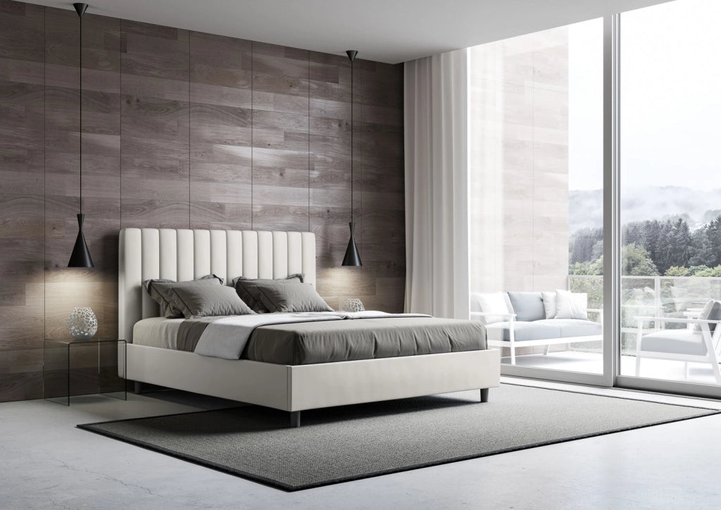 BS COM Letto matrimoniale francese contenitore imbottito 140x200 similpelle bianco
