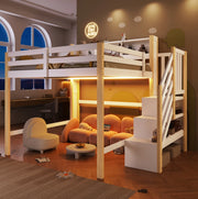 Letto a soppalco 140x200 cm con LED, scala contenitore e ampio spazio inferiore