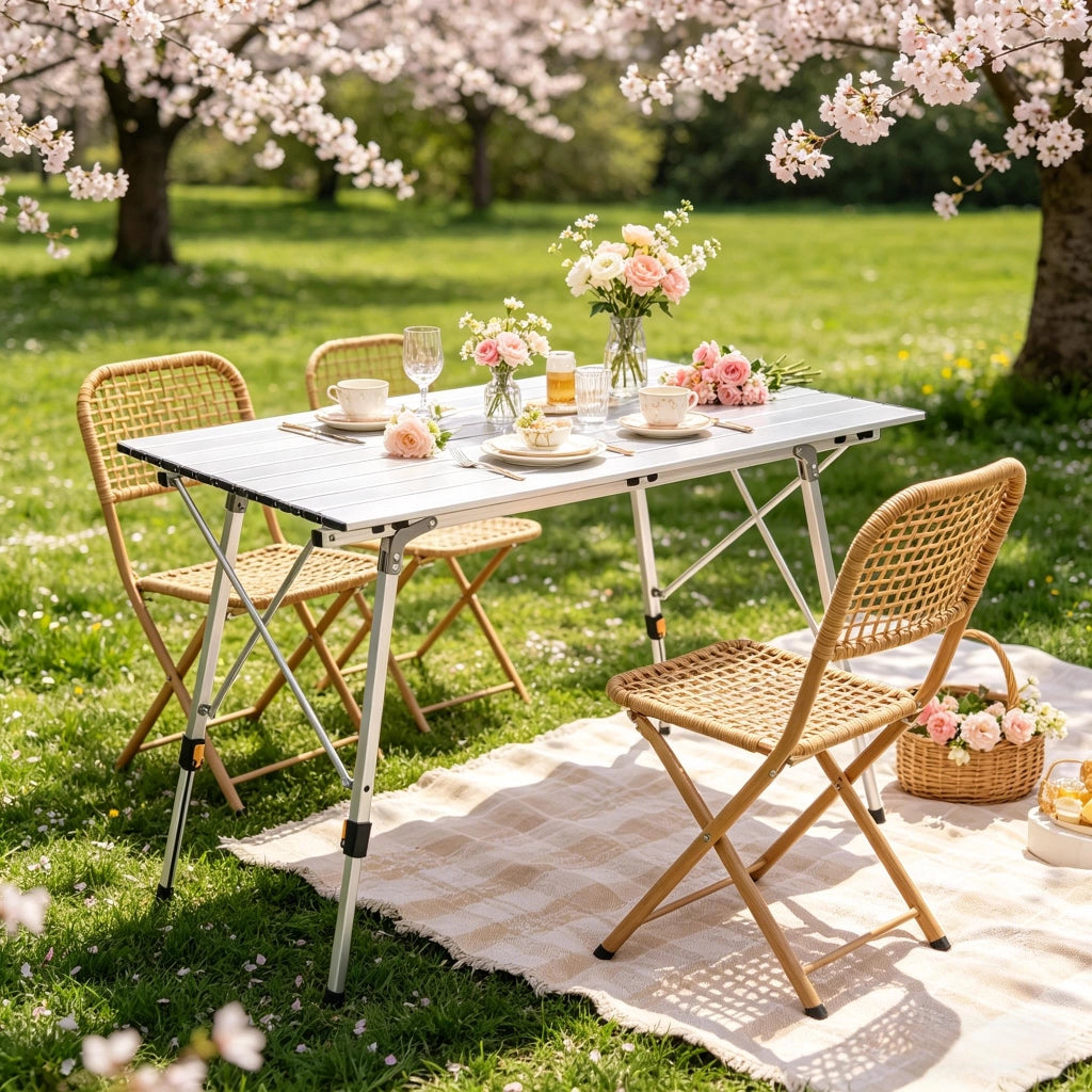 Tavolo da giardino pieghevole con altezza regolabile - per esterno - in alluminio - 120×68.5×59/78.5 cm