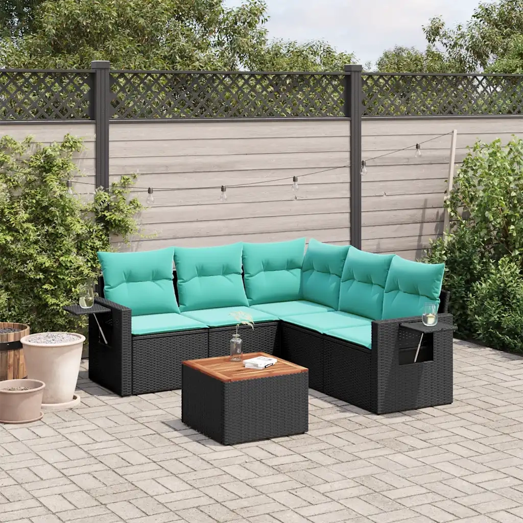 Set Divani da Giardino 6 pz con Cuscini Nero in Polyrattan 3224559