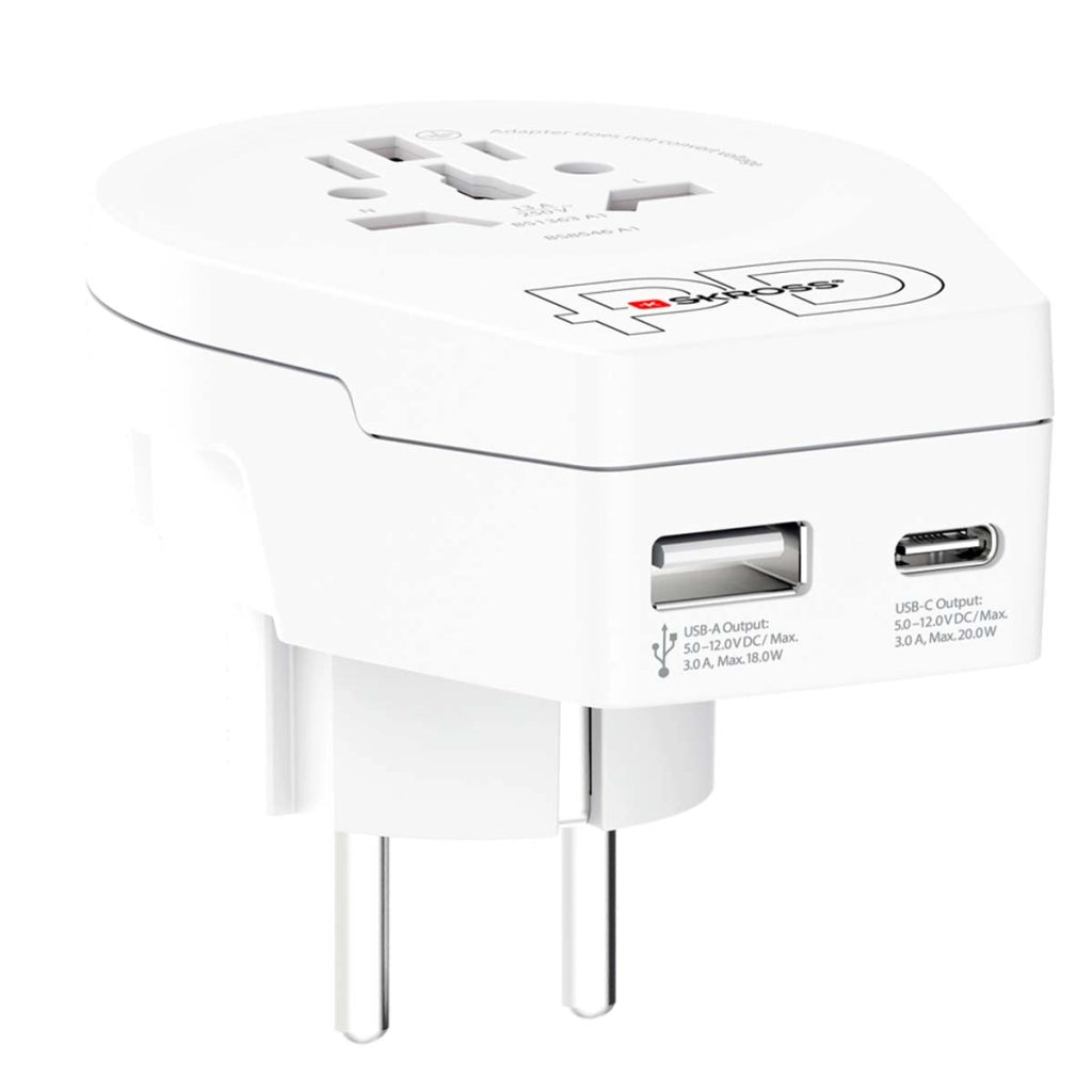 Adattatore Caricatore da Viaggio USB 18W e USB-C 20W Power Delivery Mondo a Europa Bianco Skross