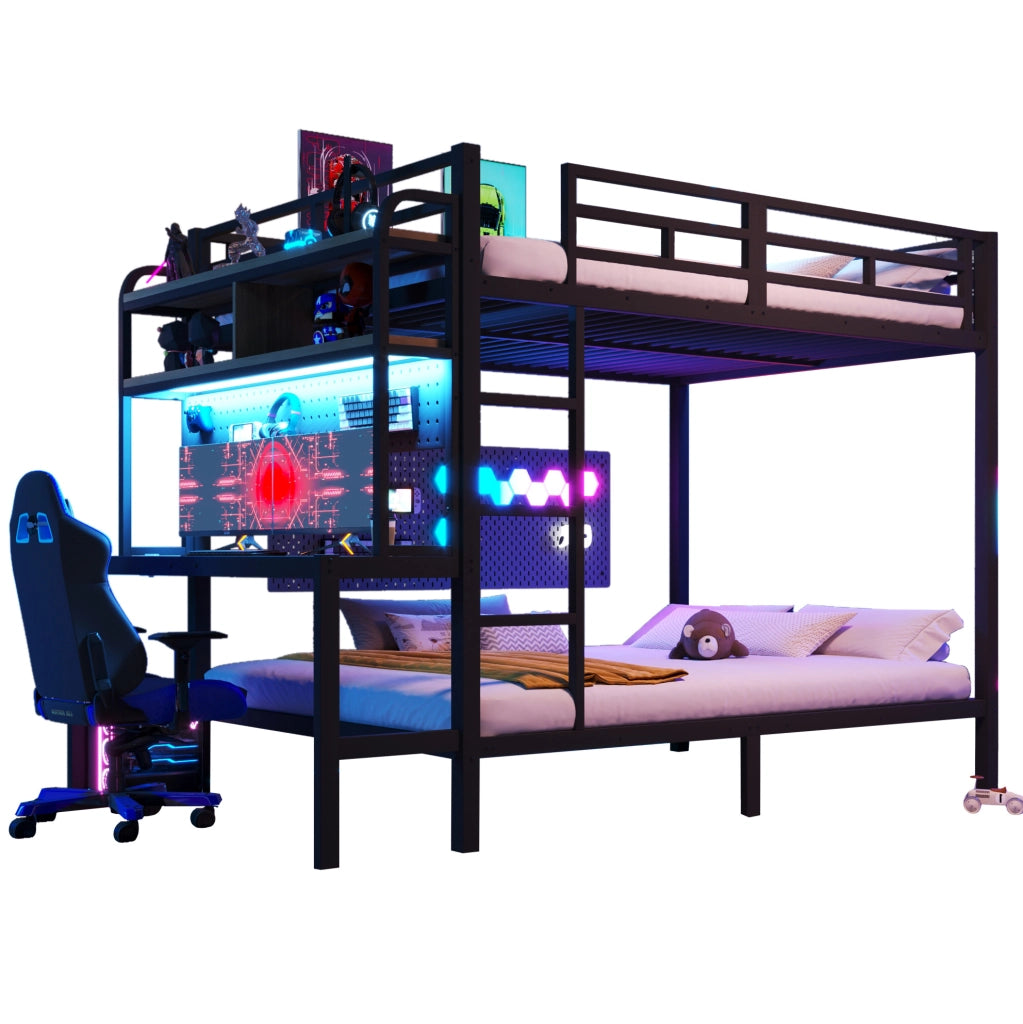 Letto a castello 140x200 cm con scrivania; LED e USB in metallo e MDF