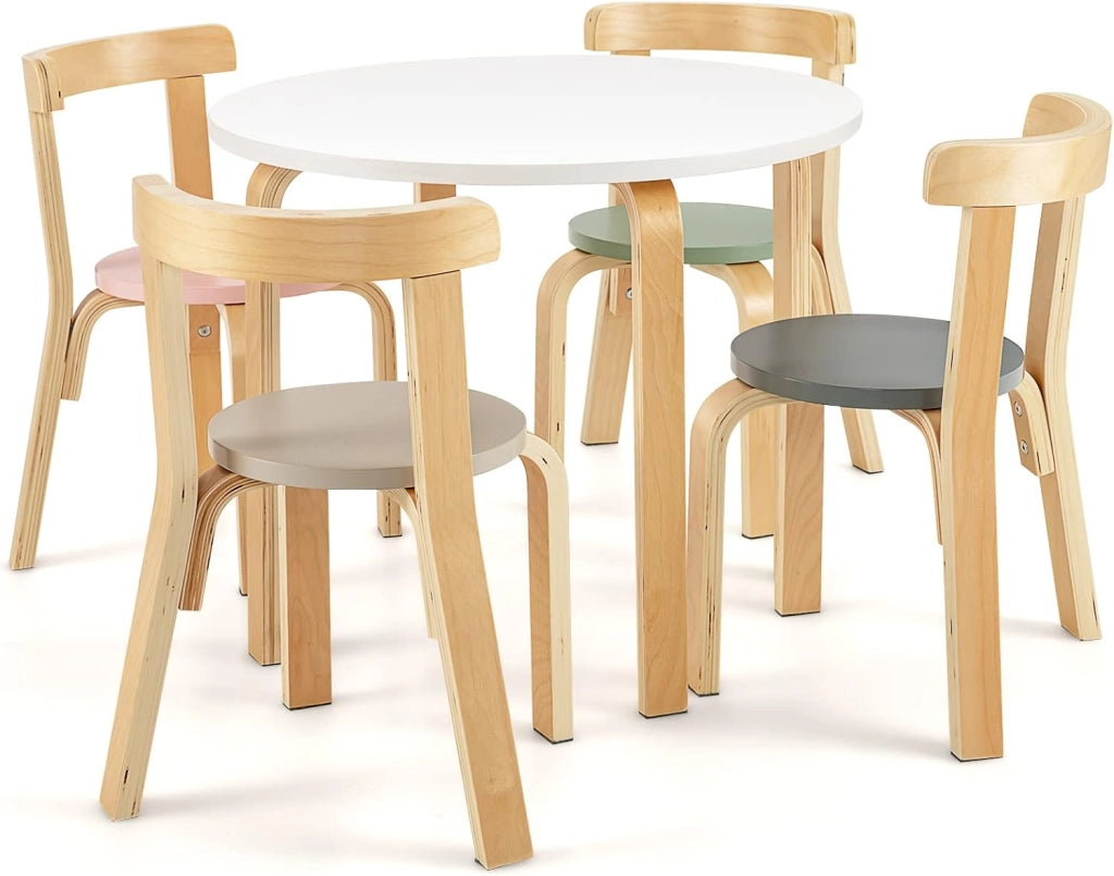 Set Tavolo e Sedie per Bambini - Schienale Curvo in Legno, 4 Sedie, Tavolo Attività per Bambini, Capacità di Peso 25kg, 4+ Anni, Colorato