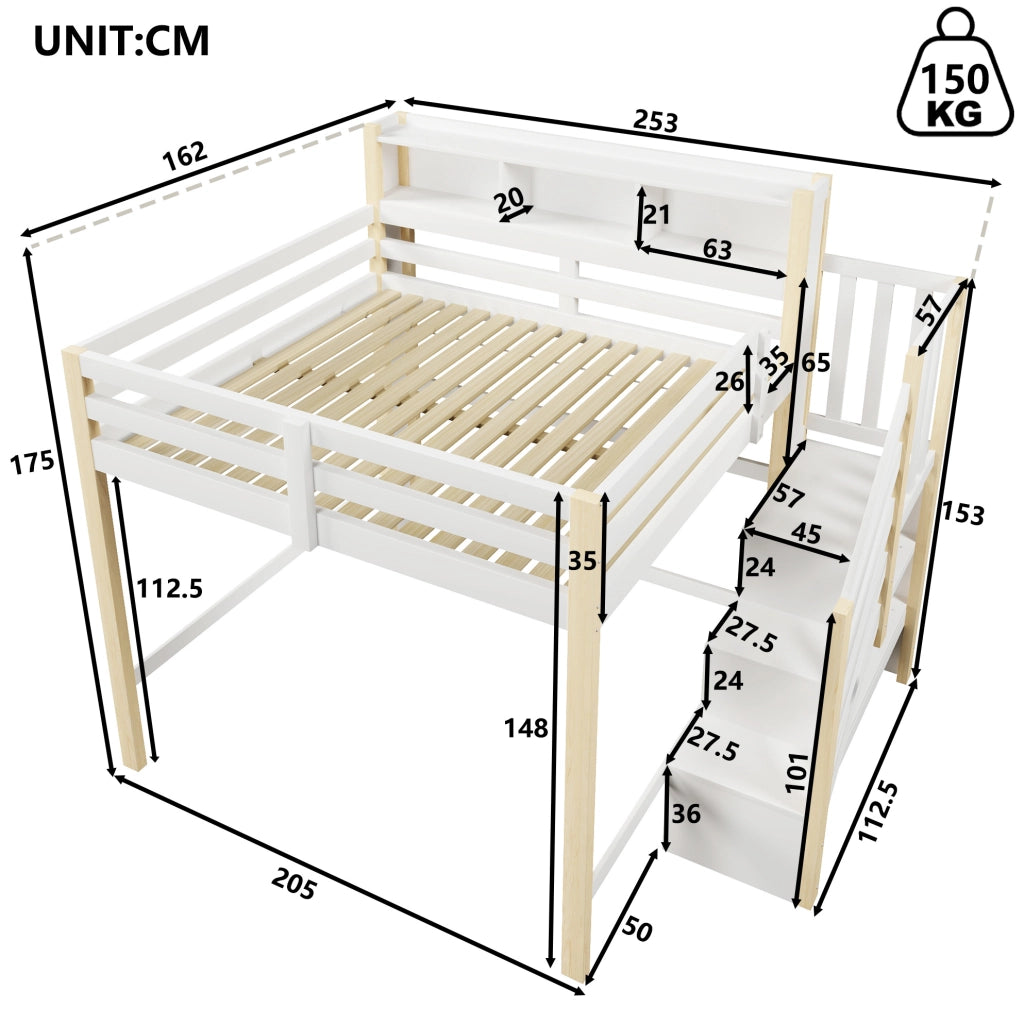 Letto a soppalco 140x200 cm con LED, scala contenitore e ampio spazio inferiore