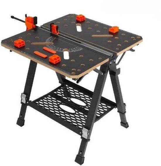 Tavolo da lavoro pieghevole per lavorazione del legno - Nero - 7 livelli di altezza - Sistema di fissaggio - 454 kg di carico massimo