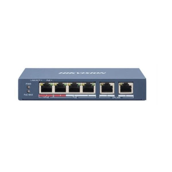 Switch hikvision l2, unmanaged, 4 10/100m rj45 poe ports, 2 10/100m rj45 uplink ports, 802.3af/at/bt, port 1 support hi-poe 60w - DS-3E0106HP-E