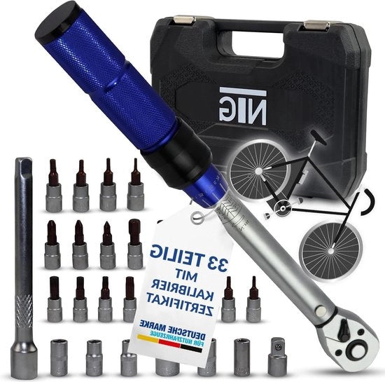 Chiave inglese 1/4 pollici 5-25 Nm per bicicletta e motocicletta - set con estensore, 23 morsetti, 6 viti - con valigetta e certificato di calibrazione