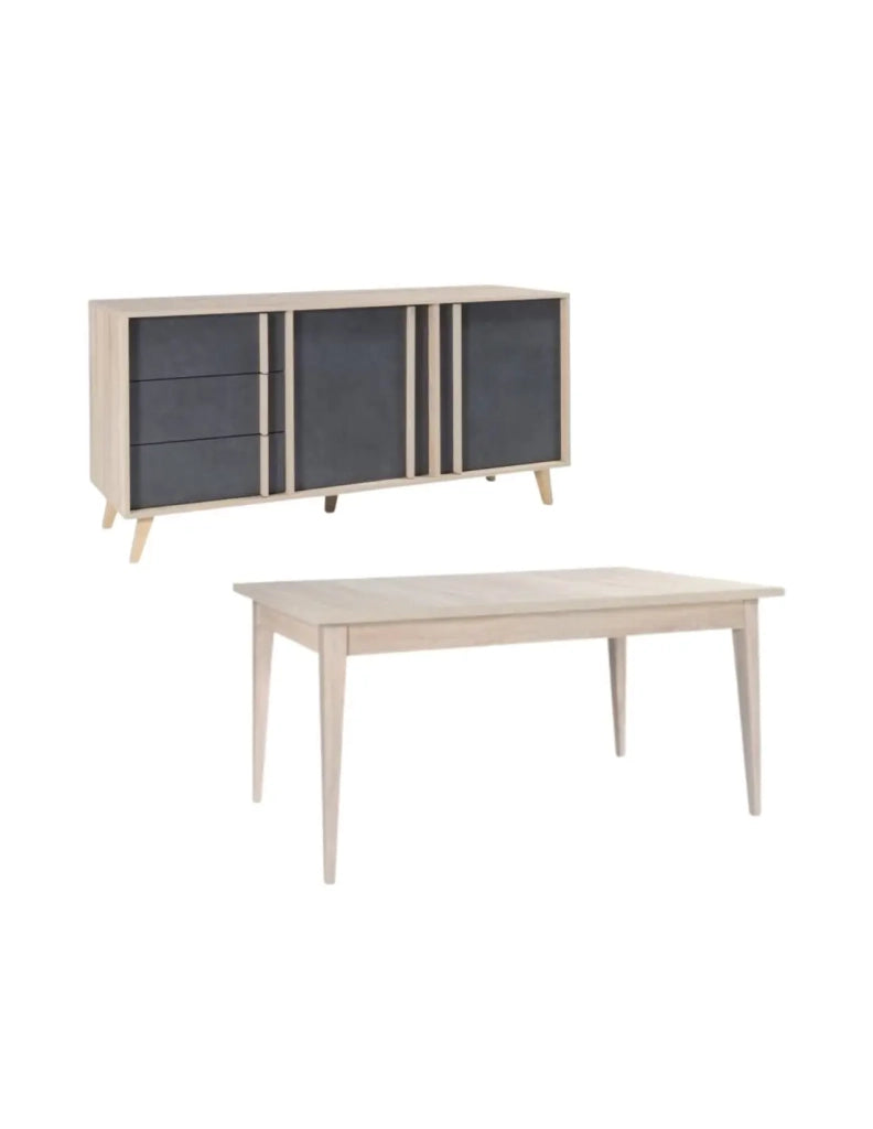 Sala da pranzo completa MALMO con tavolo allungabile 180-220 cm e buffet 165 cm – Rovere chiaro e grigio