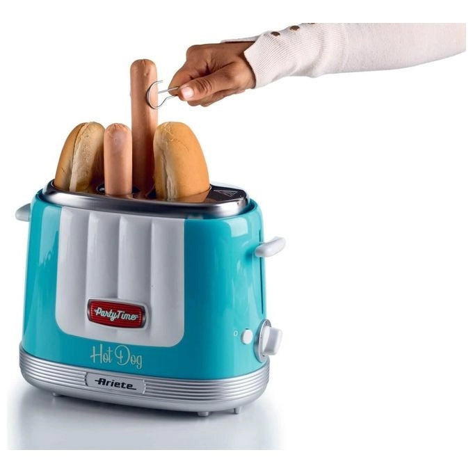 Ariete 206 Party Time Macchina per Hot Dog 650 W 4 Spazi di Cottura 5 Livelli Regolabili Espulsione Automatica colore Celeste
