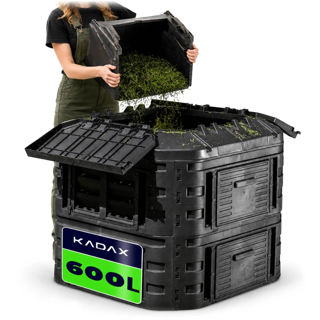 Compostiera modulare KADAX da 600 litri, nera, per giardino, utilizzabile tutto l'anno, resistente al gelo. Fertilizzante.