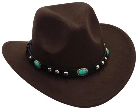 Cappello da cowboy unisex con decorazioni a stella, bordo a rilievo, larga visiera in velluto