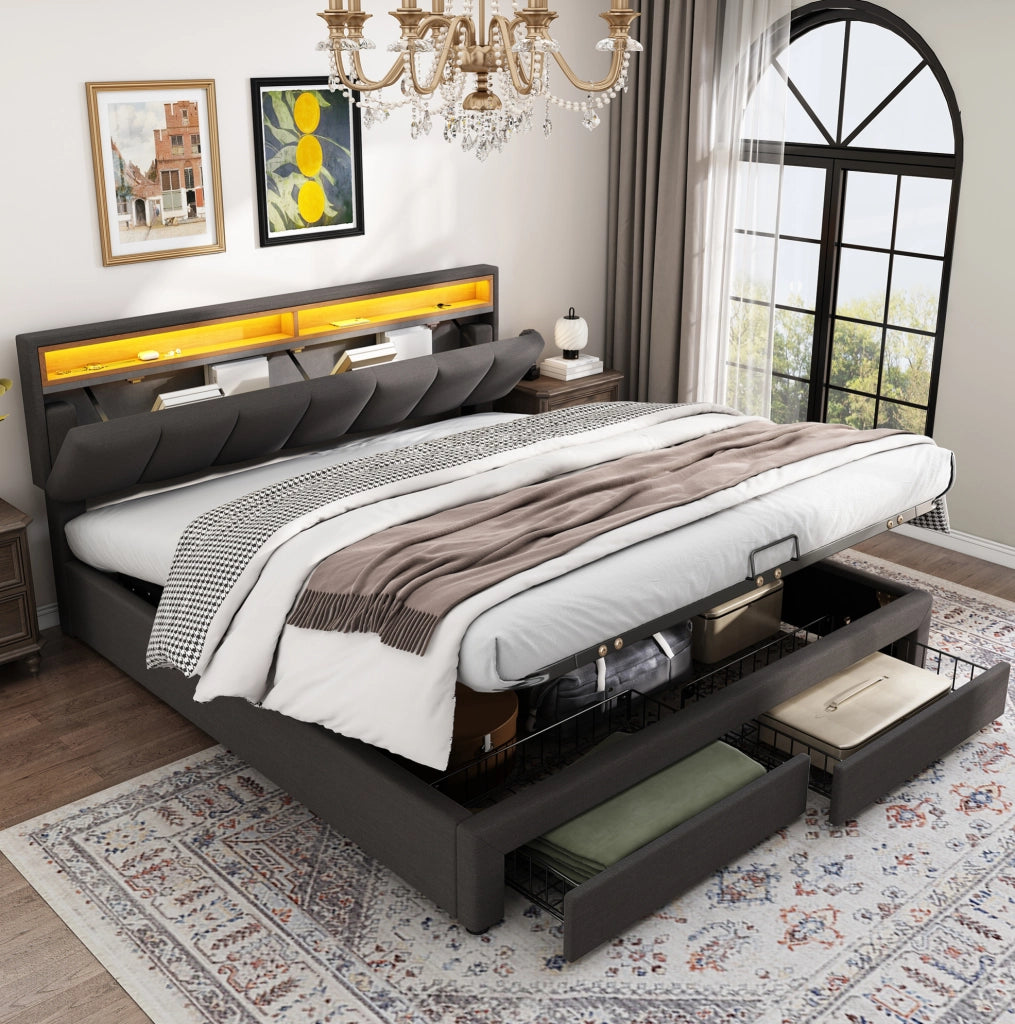 Letto imbottito 160x200 cm; LED; contenitore sottoletto; acciaio; grigio scuro (Senza materasso)