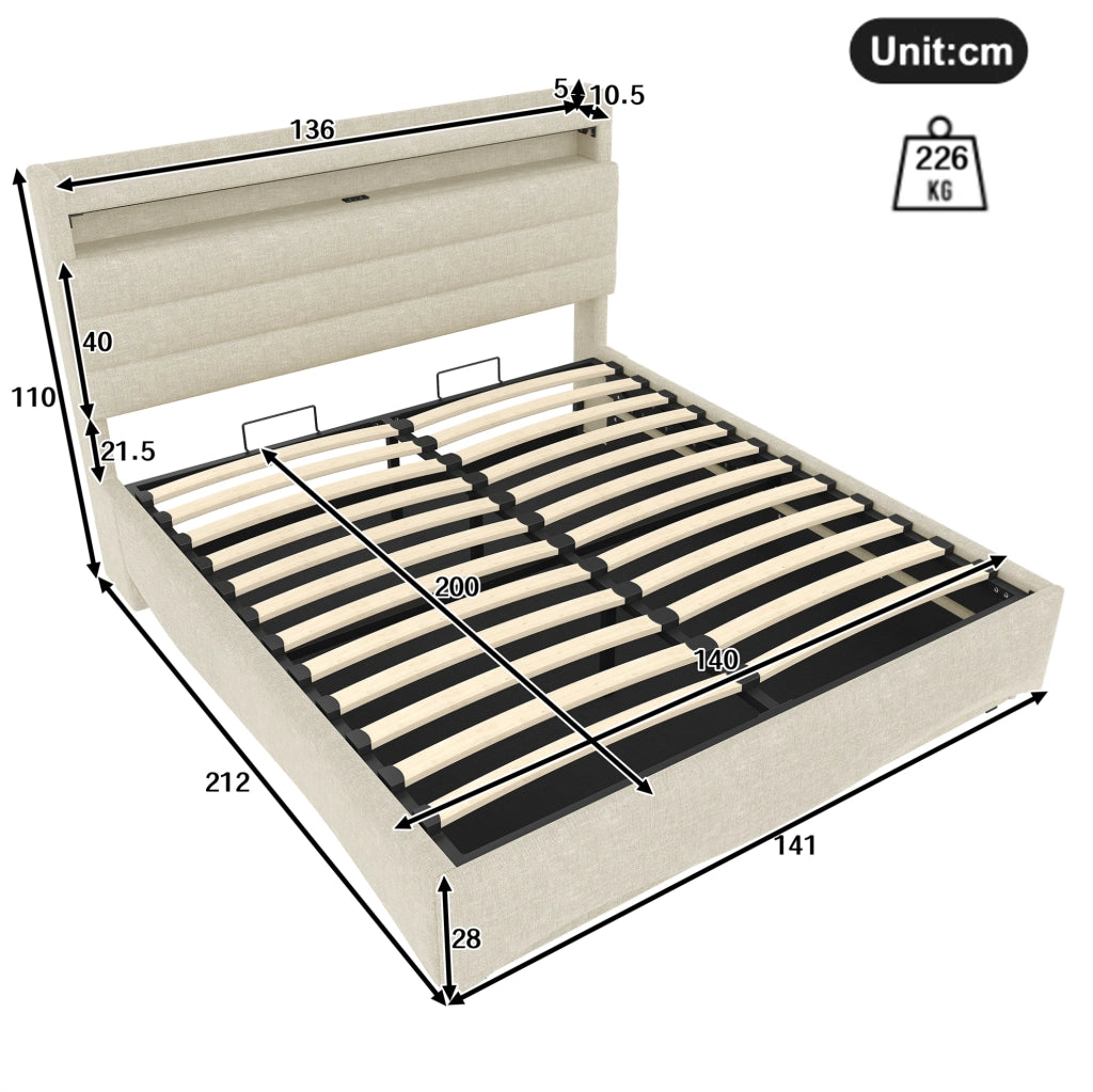 Letto imbottito 140x200 cm con LED e vano contenitore; lino beige (Senza materasso)