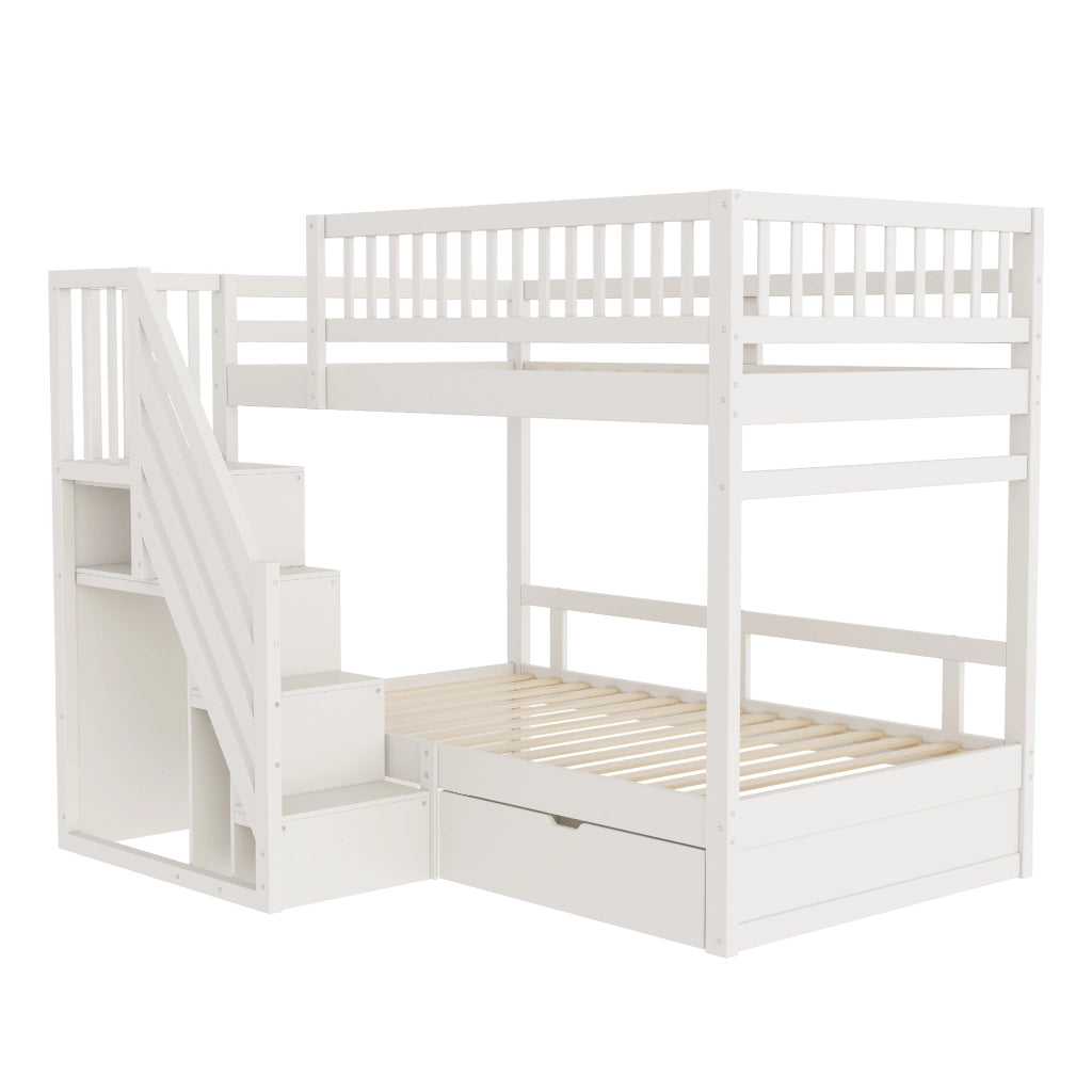 Letto a Castello 2 Posti con Scala Contenitore; Cassetto e Sponda Alta; 90 x 200 cm; senza Materasso; Bianco