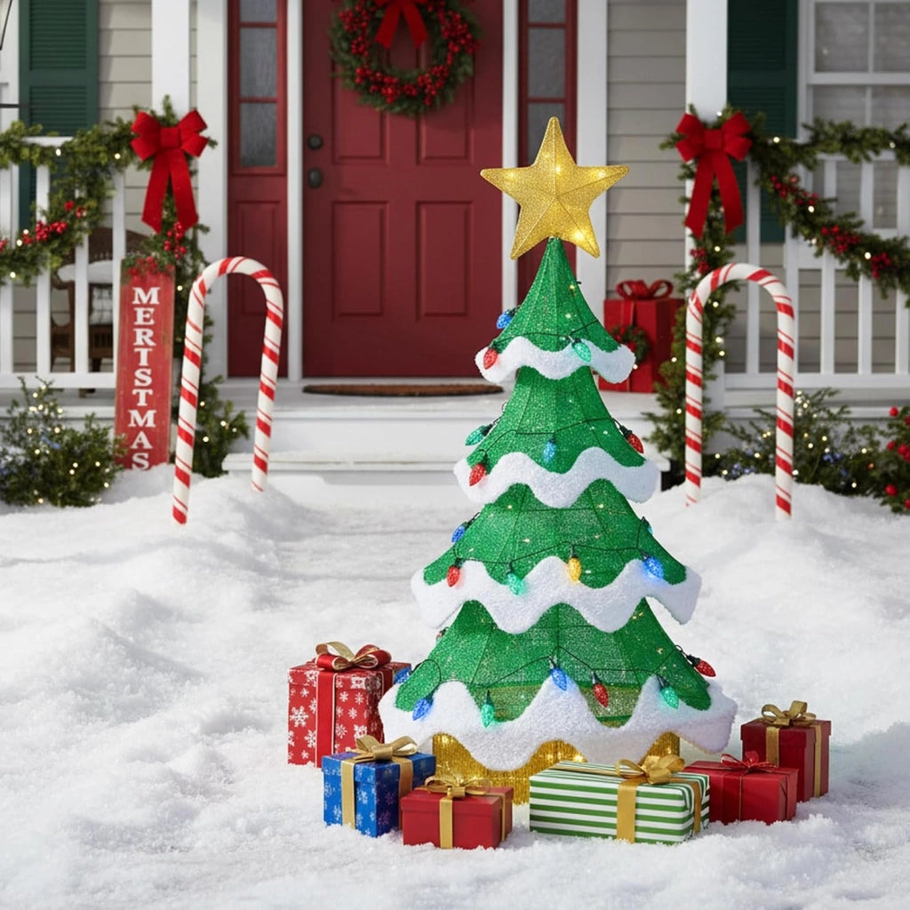 Albero di Natale Illuminato 157 cm, Albero 3D in Rete Esterni e Interni con 34 Luci Colorate a Forma di Fragola, Luci LED Verdi e Giallo Caldo, Decorazione Natalizia per Giardino e Cortile