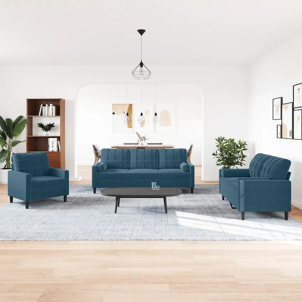 Set di Divani 3 pz con Cuscini e Rinforzi Blu in Velluto 3278380