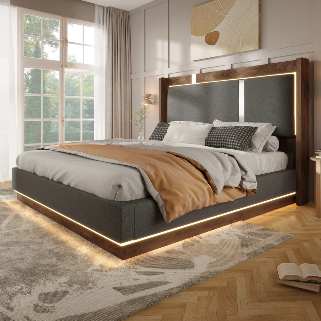 LETTO con contenitore e LED 160x200 cm Grigio e Noce