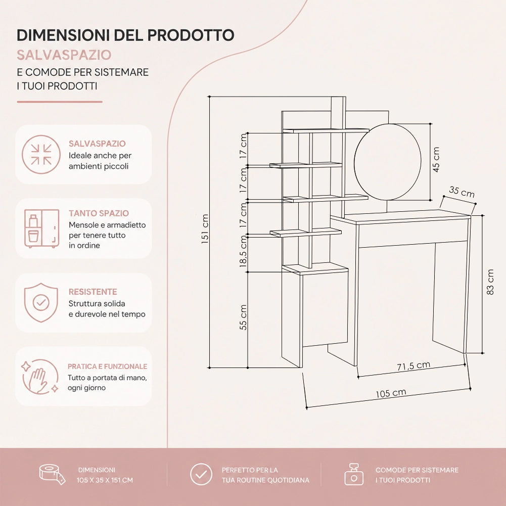 Toeletta Trucco 105x35x151 cm Postazione Make Up con Specchio Rotondo Bianco e Mensole Quercia