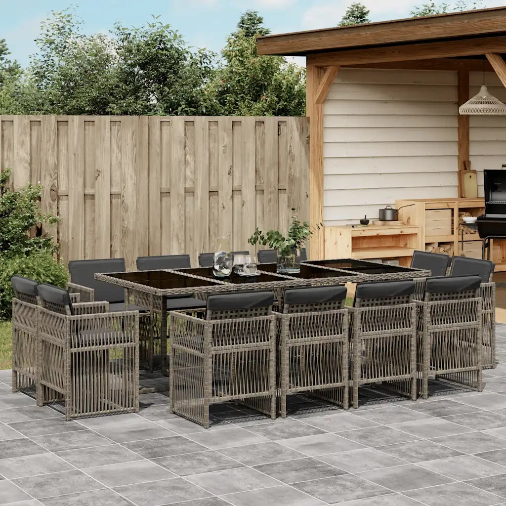 Set da Pranzo da Giardino 13pz con Cuscini Grigio in Polyrattan