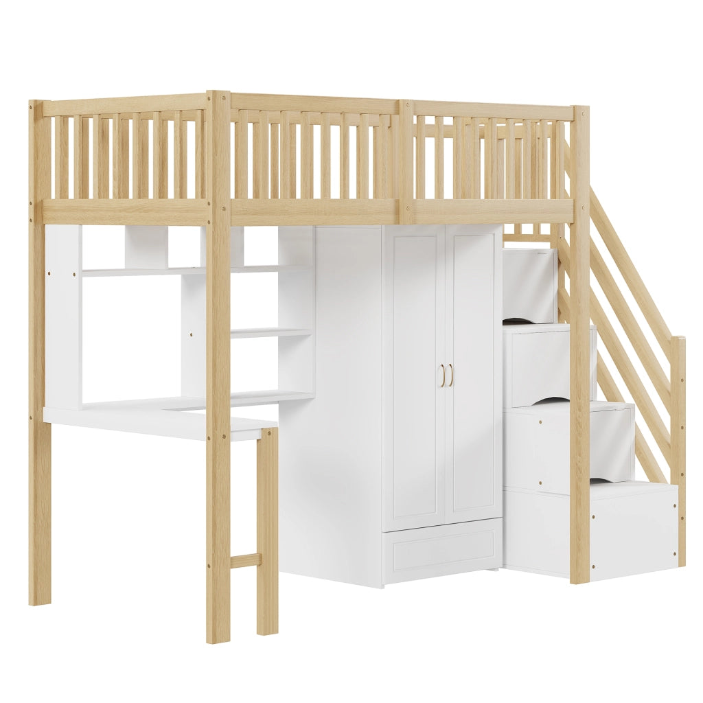Letto a soppalco; letto singolo con armadio; scrivania; scaffale e scala con cassetti; 90 x 200 cm; senza materasso