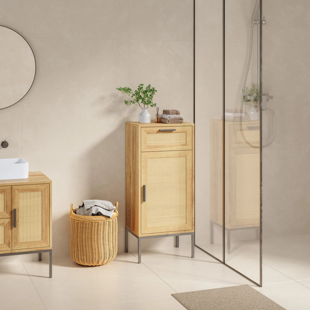 Mobile da Bagno Marhasa con Cassetto e Anta 92 x 40 x 30 cm - Effetto Rovere / Rattan / Nero [en.casa]