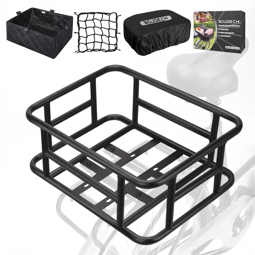 Keeper - Cestino Posteriore per Bicicletta Portaoggetti con Tasca in Stoffa Rete Elastica e Copertura in Metallo Nero