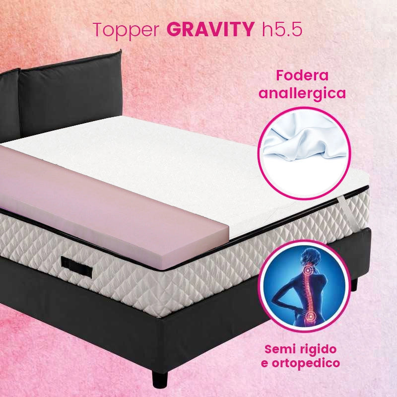 Topper singolo semi rigido ORTOPEDICO, correttore materasso Alto 5.5 cm con tessuto anallergico sfoderabile e lavabile - GRAVITY misura 85x200 Cm