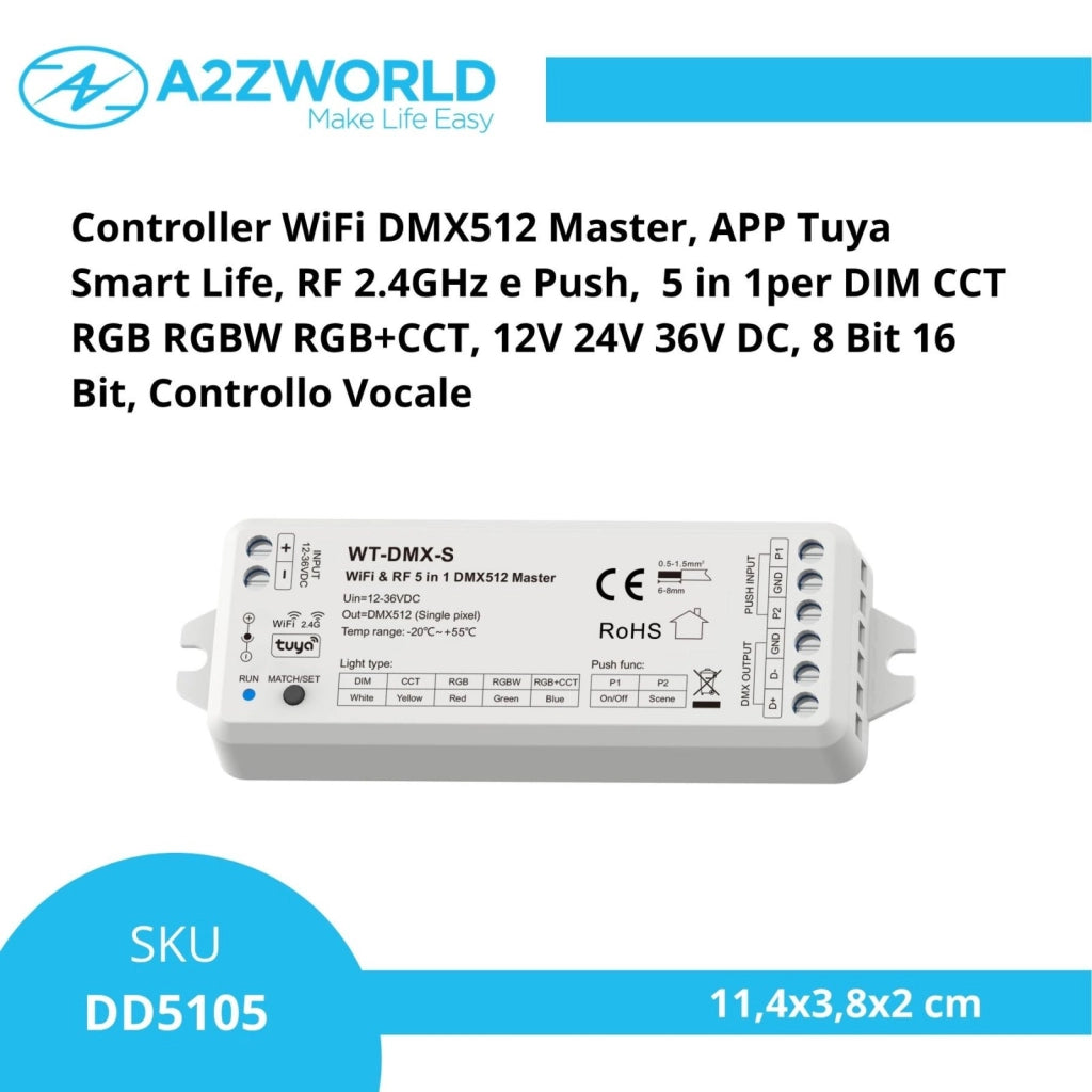 Controller WiFi DMX512 Master, APP Tuya Smart Life, RF 2.4GHz e Push,  5 in 1per DIM CCT RGB RGBW RGB+CCT, 12V 24V 36V DC, 8 Bit 16 Bit, Controllo Vocale