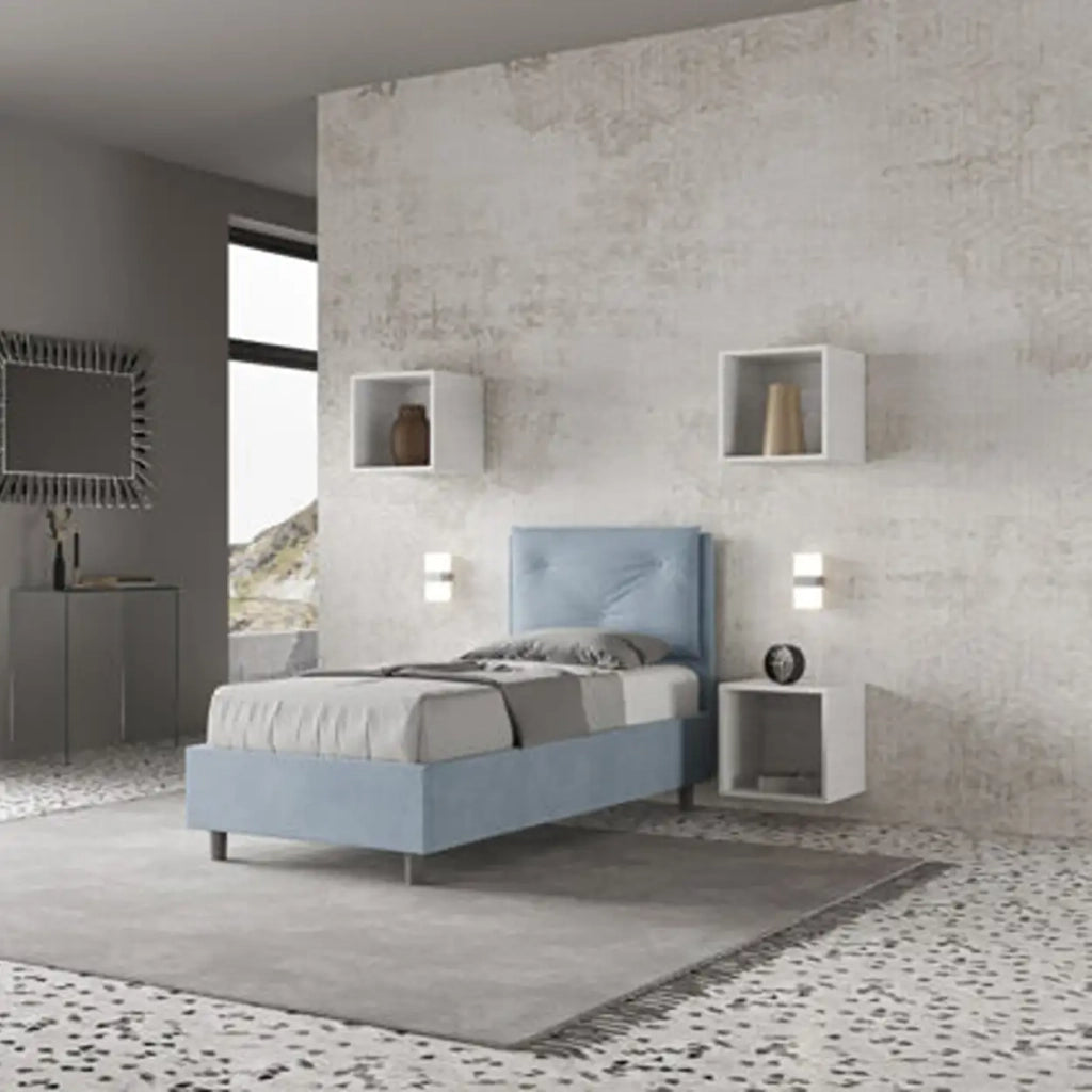 Letto singolo con rete imbottito 80x210 microfibra azzurro Appia